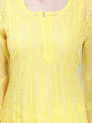 Yellow embroidered georgette long-kurtis 3