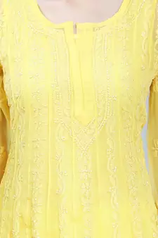 Yellow embroidered georgette long-kurtis