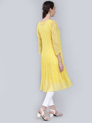 Yellow embroidered georgette long-kurtis 4