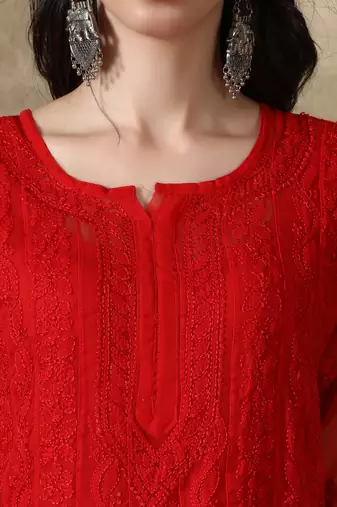Purple embroidered georgette long-kurtis