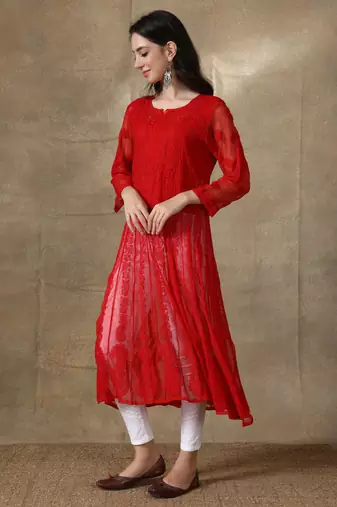 Purple embroidered georgette long-kurtis