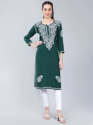 Green embroidered rayon long-kurtis 1