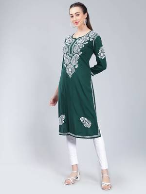 Green embroidered rayon long-kurtis 2