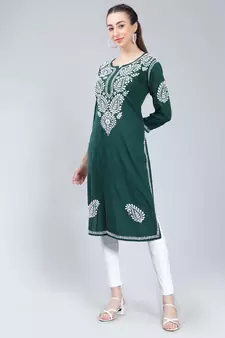Green embroidered rayon long-kurtis