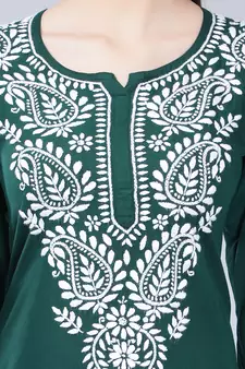Green embroidered rayon long-kurtis