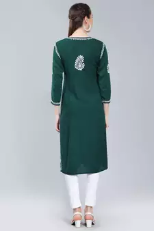 Green embroidered rayon long-kurtis