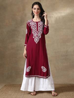 Wine embroidered rayon long-kurtis 1