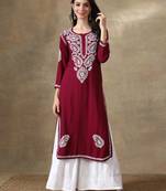 Wine embroidered rayon long-kurtis