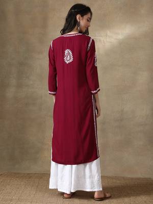 Wine embroidered rayon long-kurtis 2