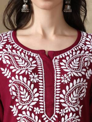 Wine embroidered rayon long-kurtis 3