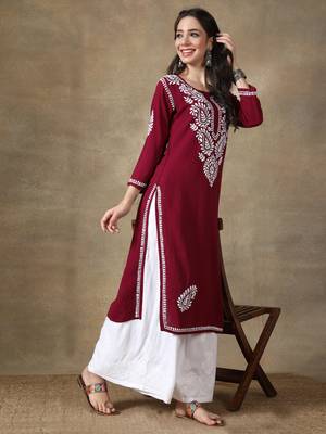 Wine embroidered rayon long-kurtis 4