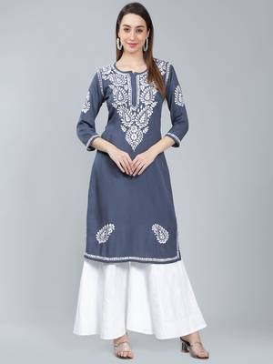 Grey embroidered rayon long-kurtis 1