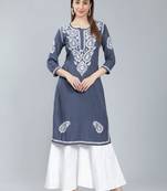 Grey embroidered rayon long-kurtis