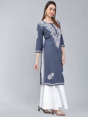 Grey embroidered rayon long-kurtis 2