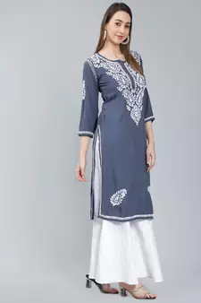 Grey embroidered rayon long-kurtis