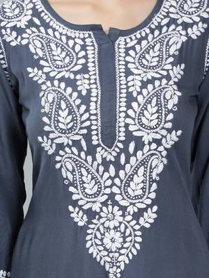 Grey embroidered rayon long-kurtis 3