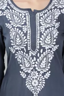 Grey embroidered rayon long-kurtis