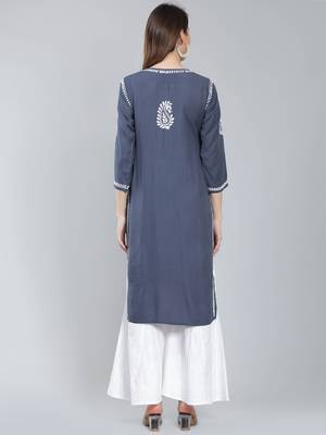 Grey embroidered rayon long-kurtis 4