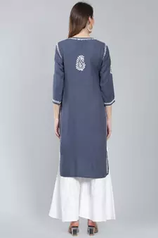 Grey embroidered rayon long-kurtis