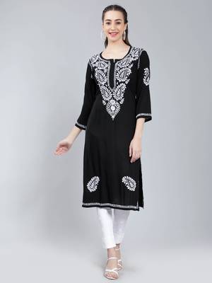 Black embroidered rayon long-kurtis 1