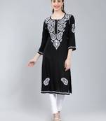 Black embroidered rayon long-kurtis