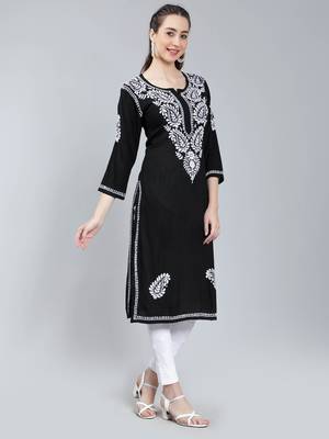 Black embroidered rayon long-kurtis 2