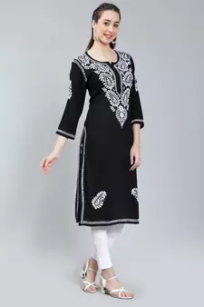 Black embroidered rayon long-kurtis