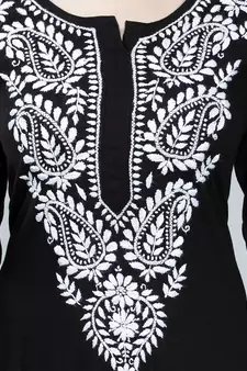 Black embroidered rayon long-kurtis
