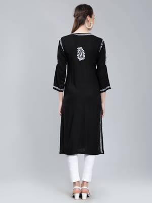 Black embroidered rayon long-kurtis 4
