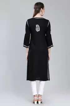 Black embroidered rayon long-kurtis