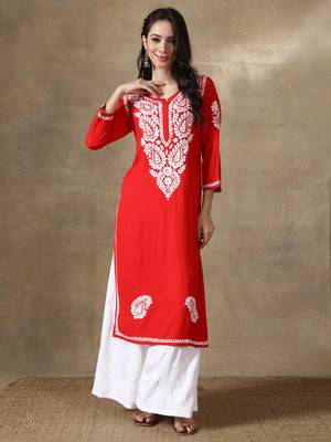 Red embroidered rayon long-kurtis 1