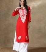 Red embroidered rayon long-kurtis