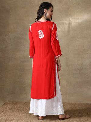 Red embroidered rayon long-kurtis 2
