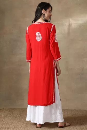 Red embroidered rayon long-kurtis