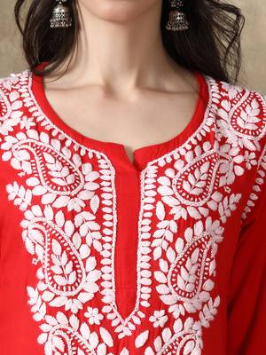 Red embroidered rayon long-kurtis 3