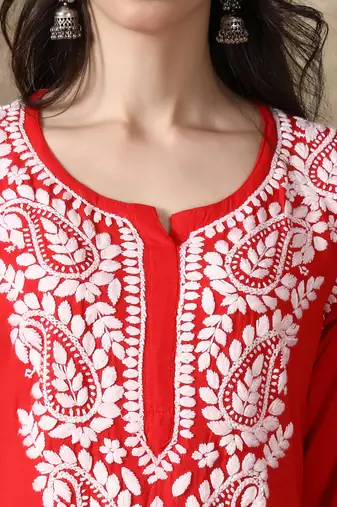 Red embroidered rayon long-kurtis
