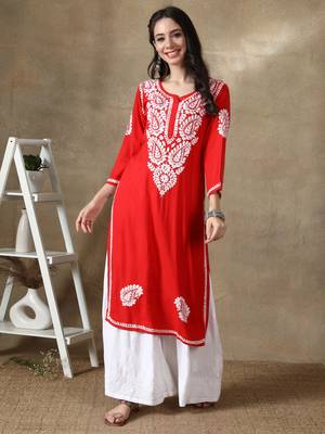 Red embroidered rayon long-kurtis 4