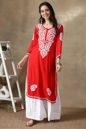 Red embroidered rayon long-kurtis
