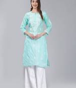 Green embroidered cotton long-kurtis