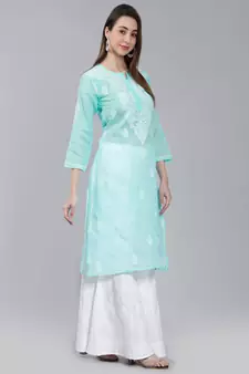 Green embroidered cotton long-kurtis