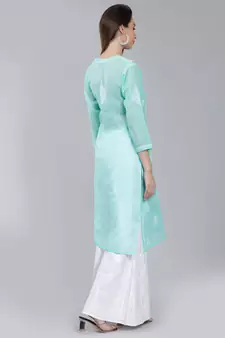 Green embroidered cotton long-kurtis