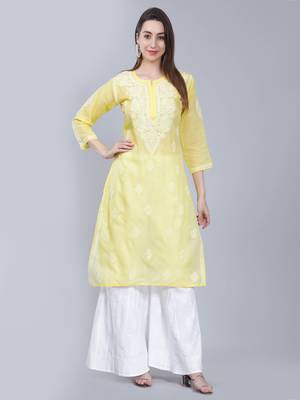 Yellow embroidered cotton long-kurtis 1