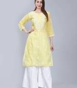 Yellow embroidered cotton long-kurtis