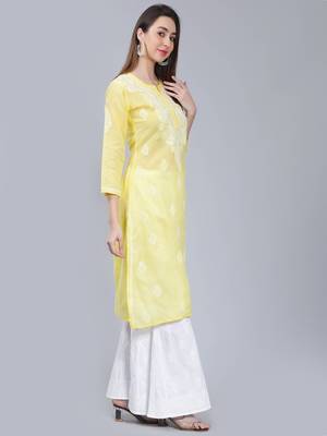 Yellow embroidered cotton long-kurtis 2