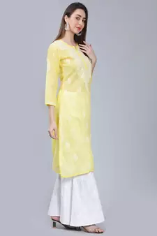 Yellow embroidered cotton long-kurtis
