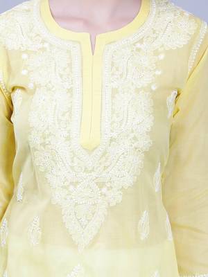 Yellow embroidered cotton long-kurtis 3