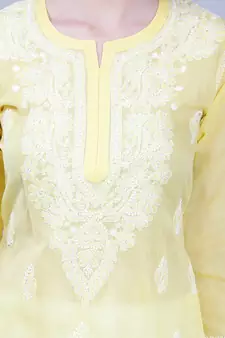 Yellow embroidered cotton long-kurtis
