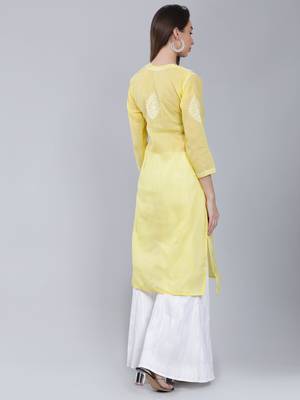 Yellow embroidered cotton long-kurtis 4
