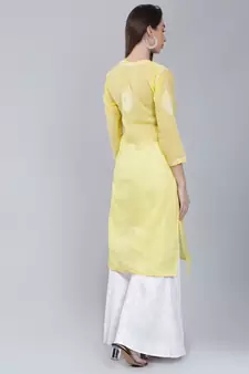 Yellow embroidered cotton long-kurtis
