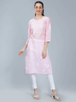 Pink embroidered cotton long-kurtis 1